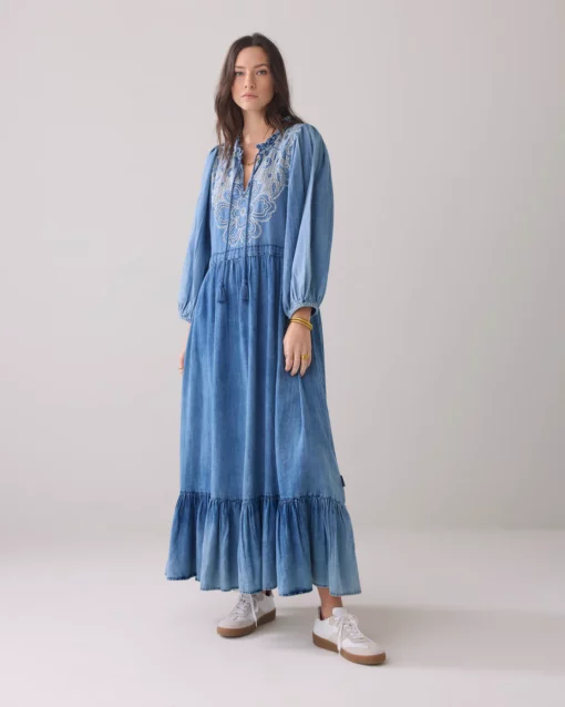 Summum 5s1597 Long dress cotton indigo sateen - Afbeelding 4