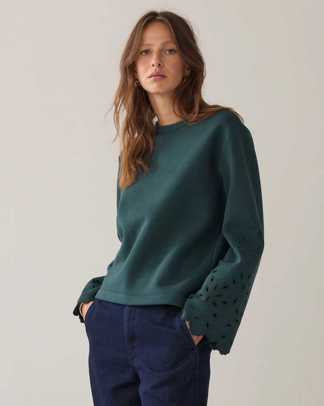 Summum 3s5213 Top embroidered sleeve emerald green