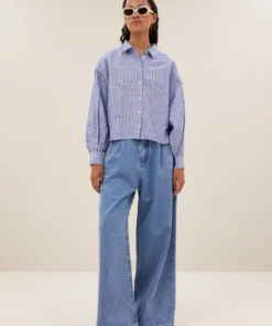 By-Bar Sarah short linen blouse blue stripe