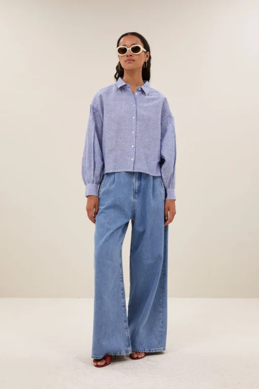 By-Bar Sarah short linen blouse blue stripe