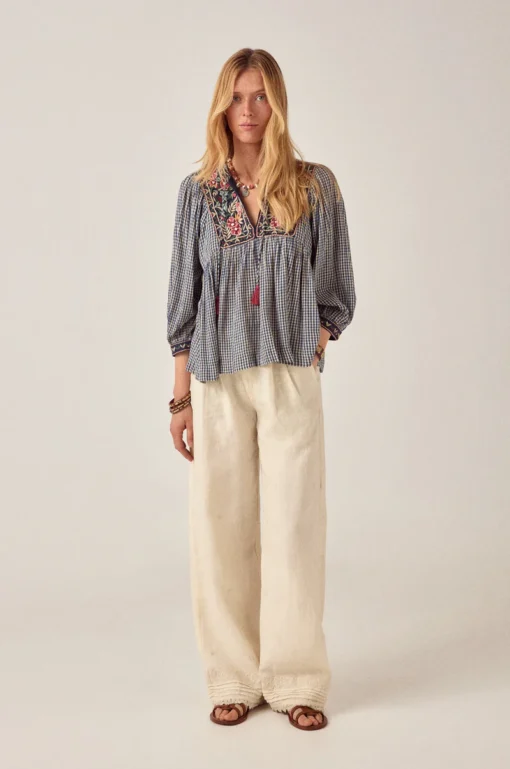 Maison Hotel blouse gingham bloom April blue picnic