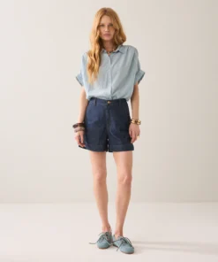 Summum 2s3484 blouse short sleeves viscose cotton glacier blue