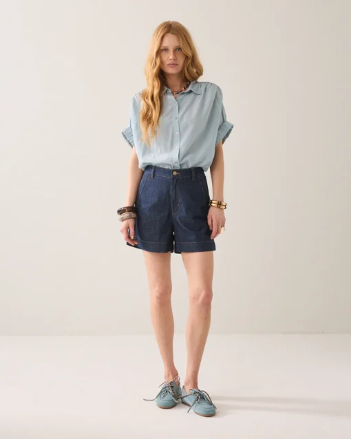 Summum 2s3484  blouse short sleeves viscose cotton glacier blue