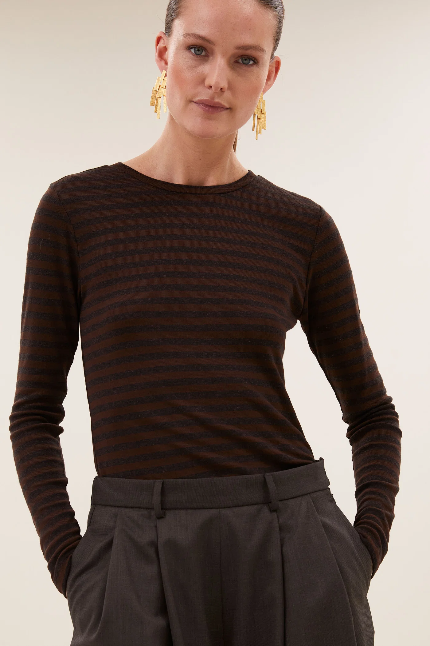 By-Bar W26 basic ls melange stripe top coffee bean - Afbeelding 6